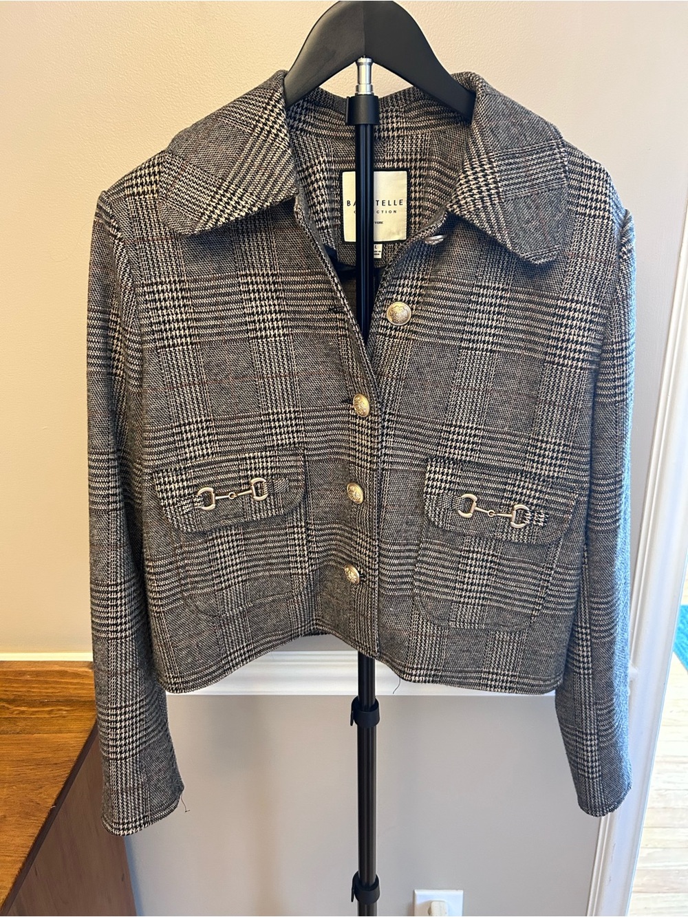 Plaid Cropped Button-Front Blazer in Gray